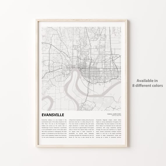 Evansville Map Print Travel Wall Decor Art Indiana Housewarming Gift