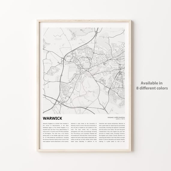 Warwick England United Kingdom Historic Market Town Map Line Art Poster