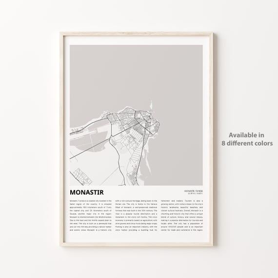 Monastir Map Print Travel Wall Decor Art Housewarming Gift