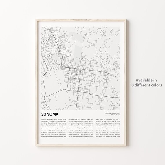 Sonoma California City Street Map Line Art Travel Decor Poster
