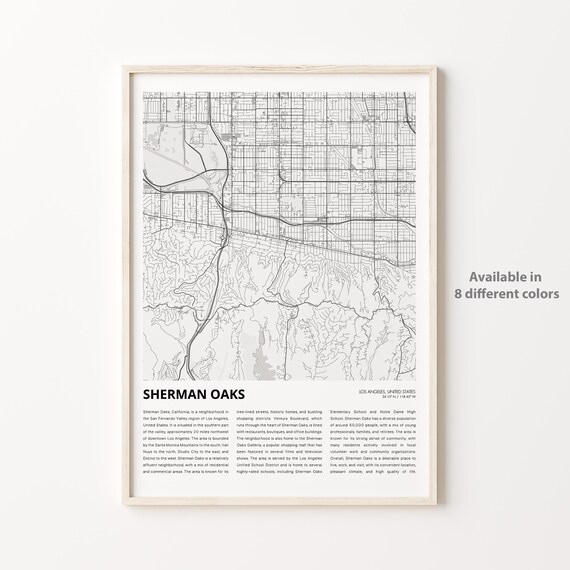 Sherman Oaks Los Angeles Monochrome City Street Map History Print