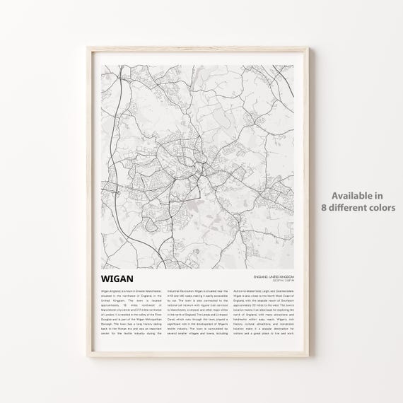 Wigan England United Kingdom Greater Manchester Town Map Line Art Poster