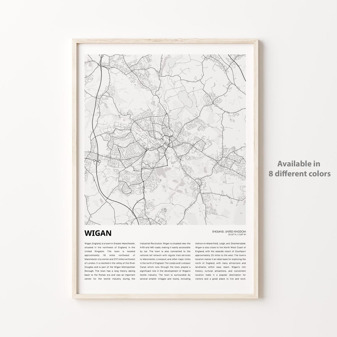Wigan England United Kingdom Greater Manchester Town Map Line Art Poster