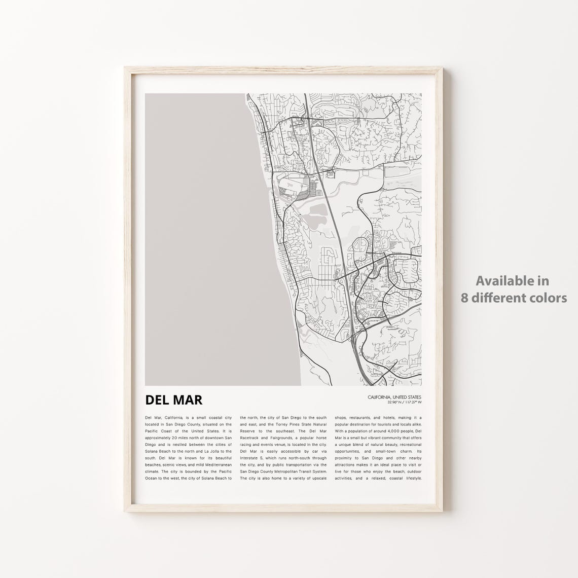 Del Mar California Coastal City Map Monochrome Decor Wall Poster