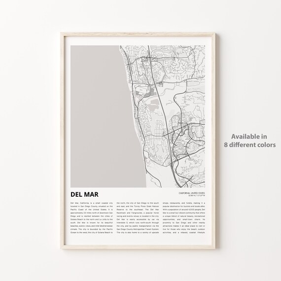 Del Mar California Coastal City Map Monochrome Decor Wall Poster