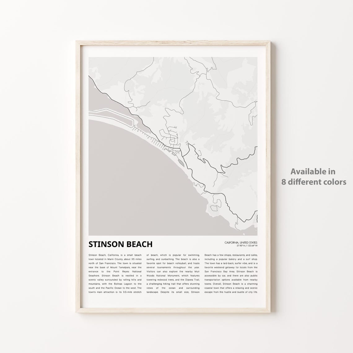 Stinson Beach California Coastal Surf Town Map Artwork Poster