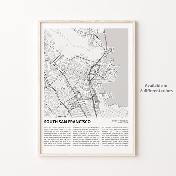 South San Francisco California City Street Map Travel Poster