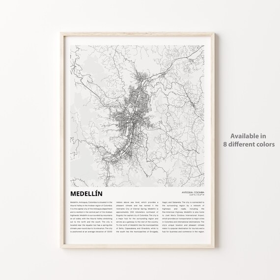 Medellin Colombia Minimalist City Street Map Travel Poster Gift