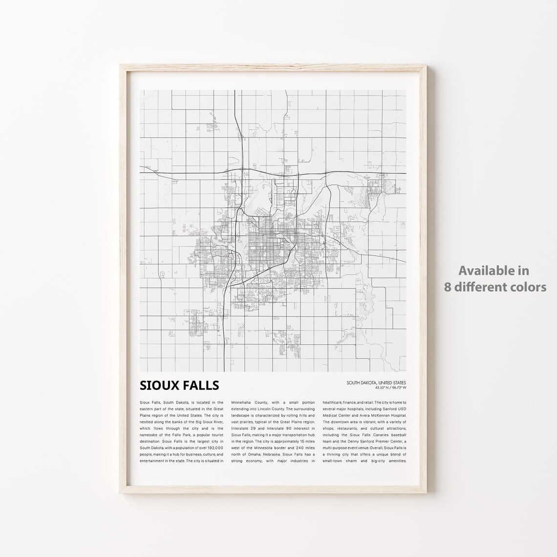 Sioux Falls South Dakota Monochrome City Street Map History Print