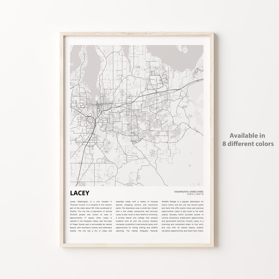 Lacey Map Print Travel Wall Decor Art Washington Housewarming Gift