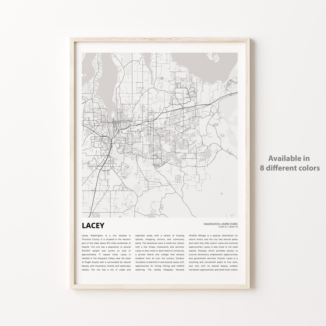 Minimalist Black and White City Map Print of Lacey Washington