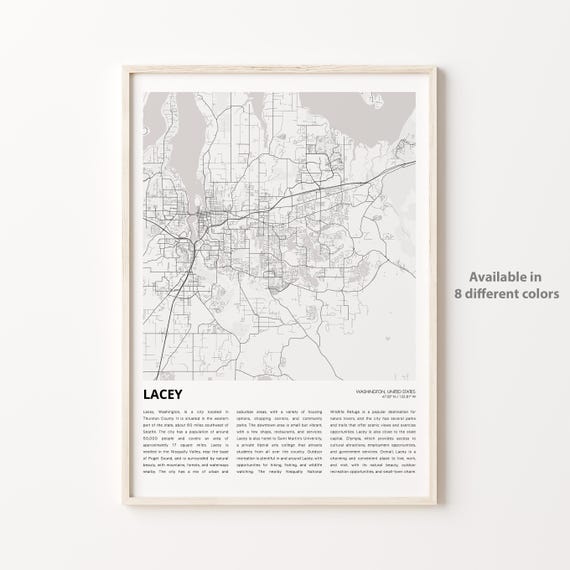 Lacey Map Print Travel Wall Decor Art Washington Housewarming Gift