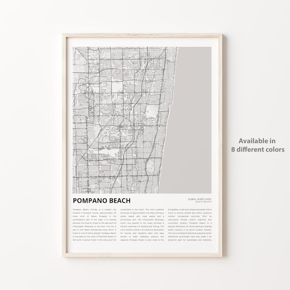 Pompano Beach Florida Coastal City Map Poster With History Text