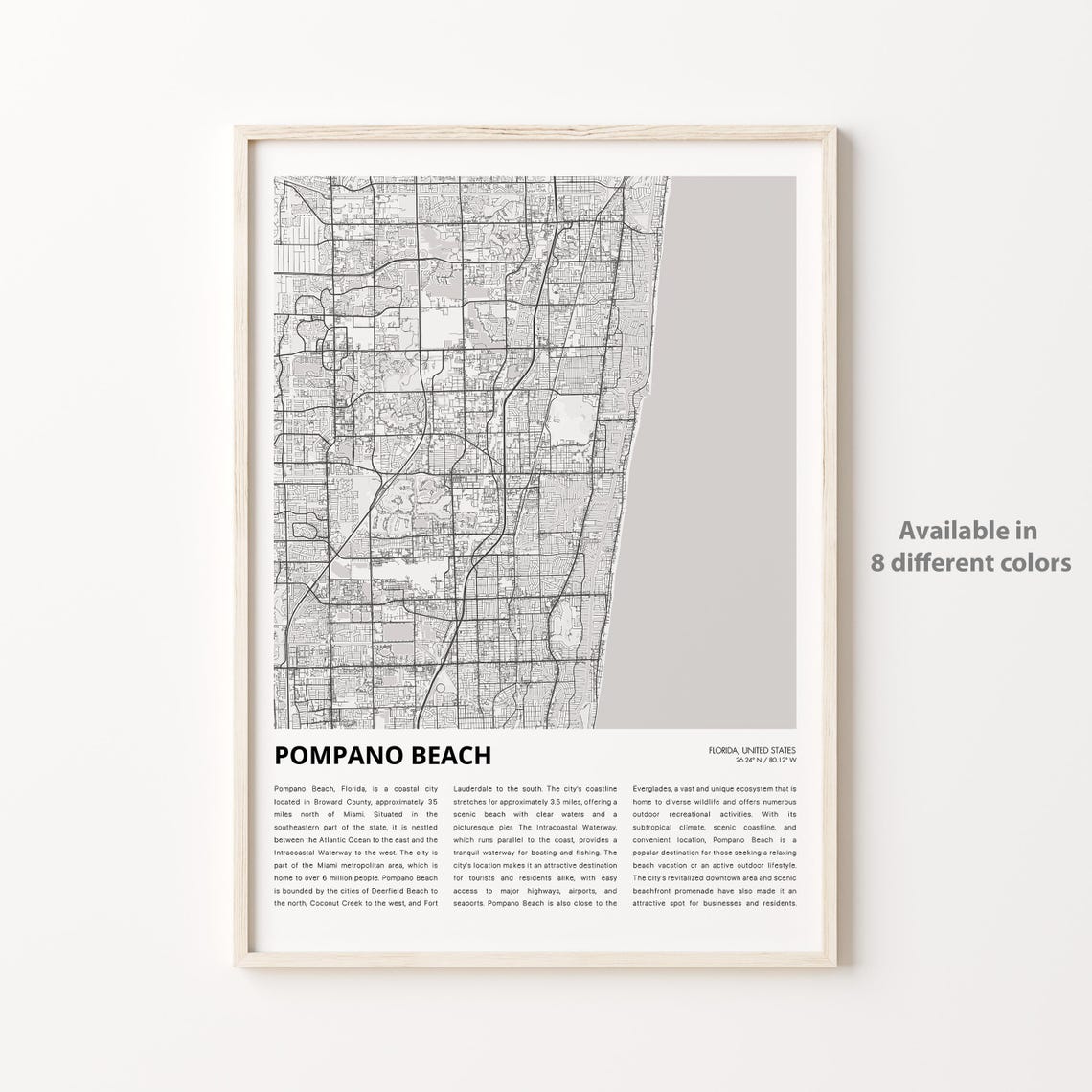 Pompano Beach Florida Coastal City Map Poster With History Text