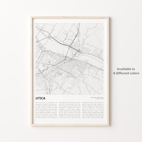 Utica New York Minimalist Black White Street Map Travel Poster