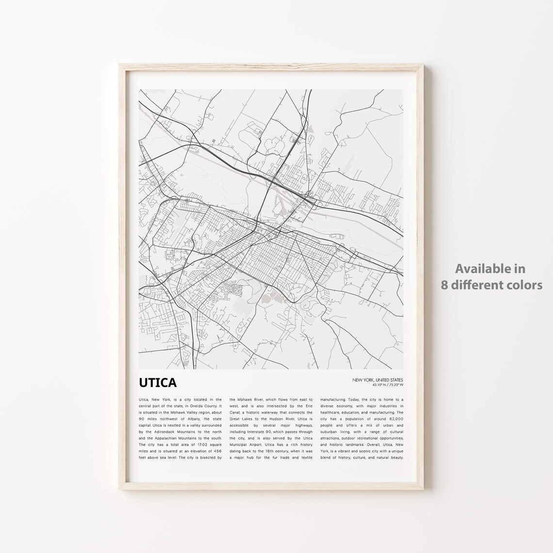 Utica New York Minimalist Black White Street Map Travel Poster
