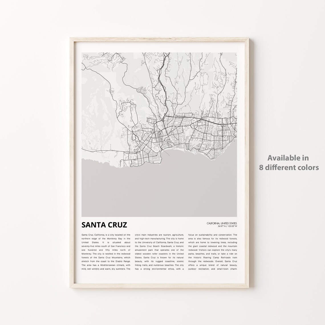 Santa Cruz California Coastal City Street Map Scenic Travel Poster