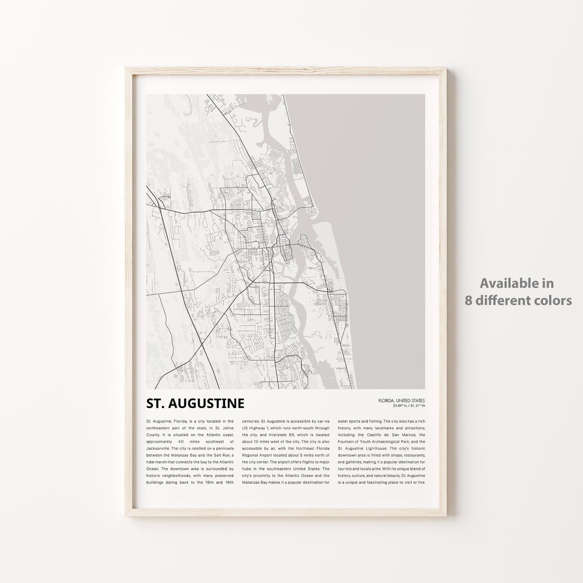 St Augustine Florida Minimalist Black and White Map Wall Art