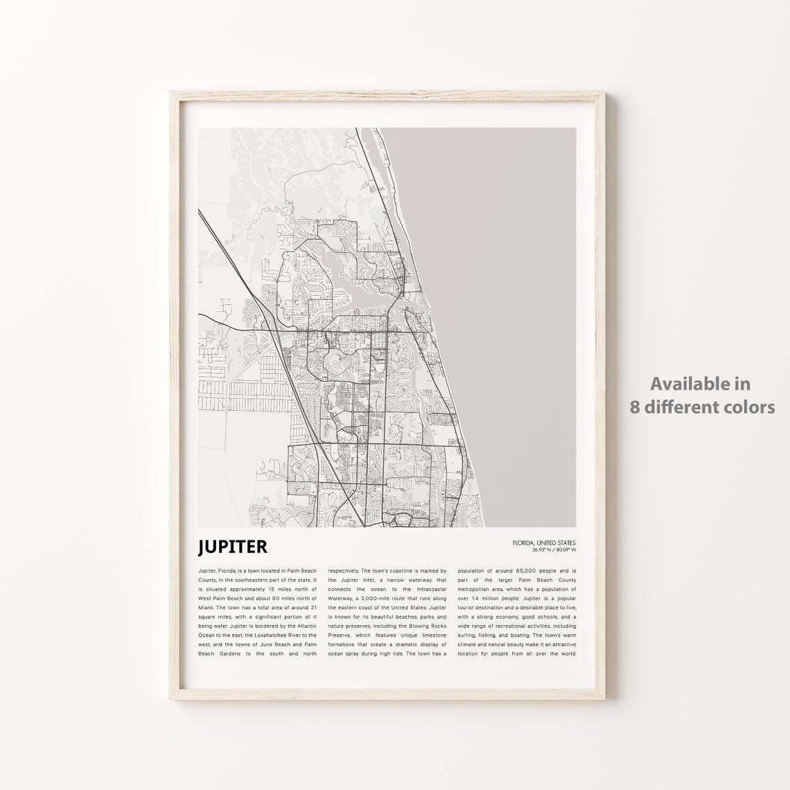 Jupiter Florida Minimal Map Poster Gray Palm Beach County Artwork