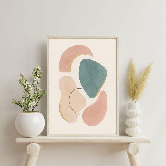 Abstract Gold Foil Wall Art Minimalist Modern Shapes Print Mid Century Pastel Poster