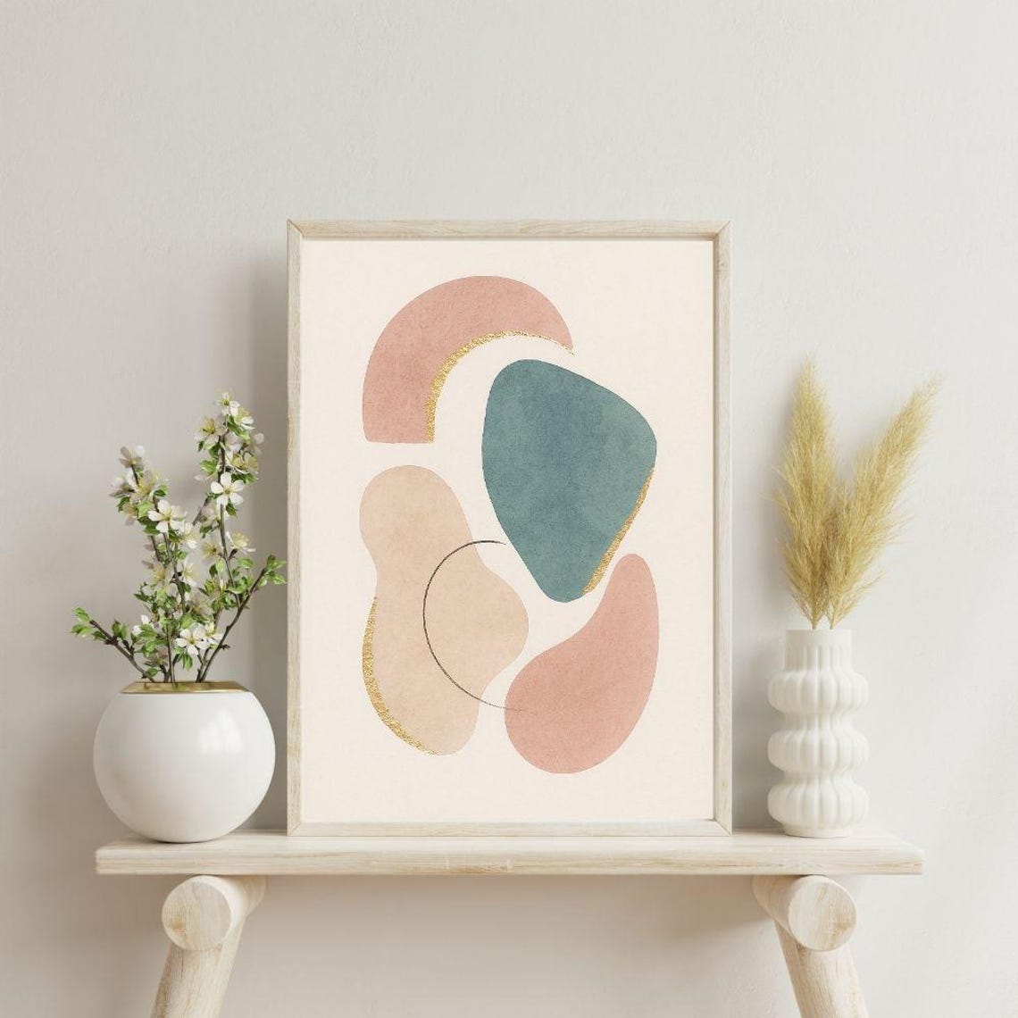 Abstract Gold Foil Wall Art Minimalist Modern Shapes Print Mid Century Pastel Poster