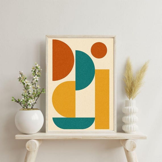 Mid Century Modern Wall Art Abstract Geometric Shapes Print Retro Minimalist Poster Colorful