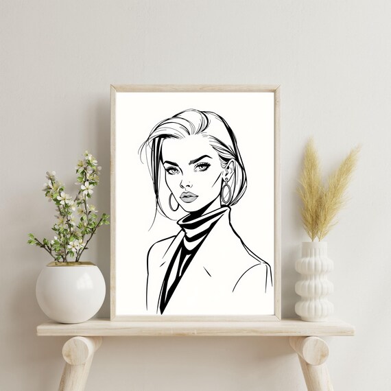 Minimalist Woman Line Art Modern Black And White Portrait Fashion Illustration Print