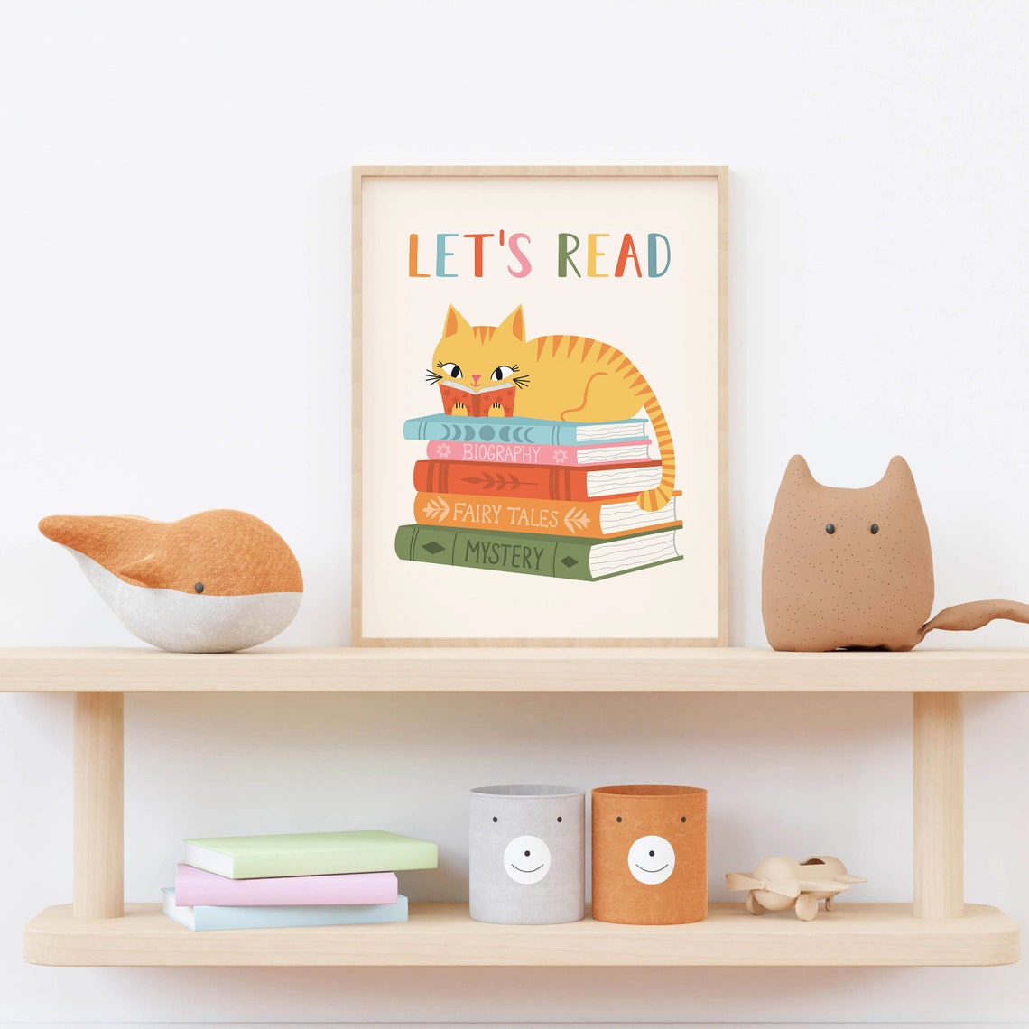 Lets Read Orange Cat on Book Stack Kids Reading Corner Print - Image 3