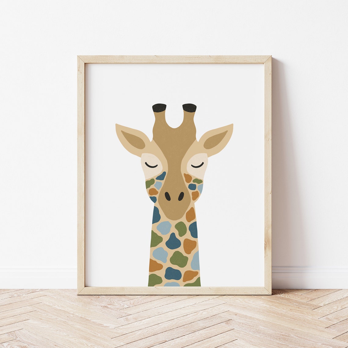 Cute Boho Giraffe Face Multicolor Spots Safari Nursery Wall Art