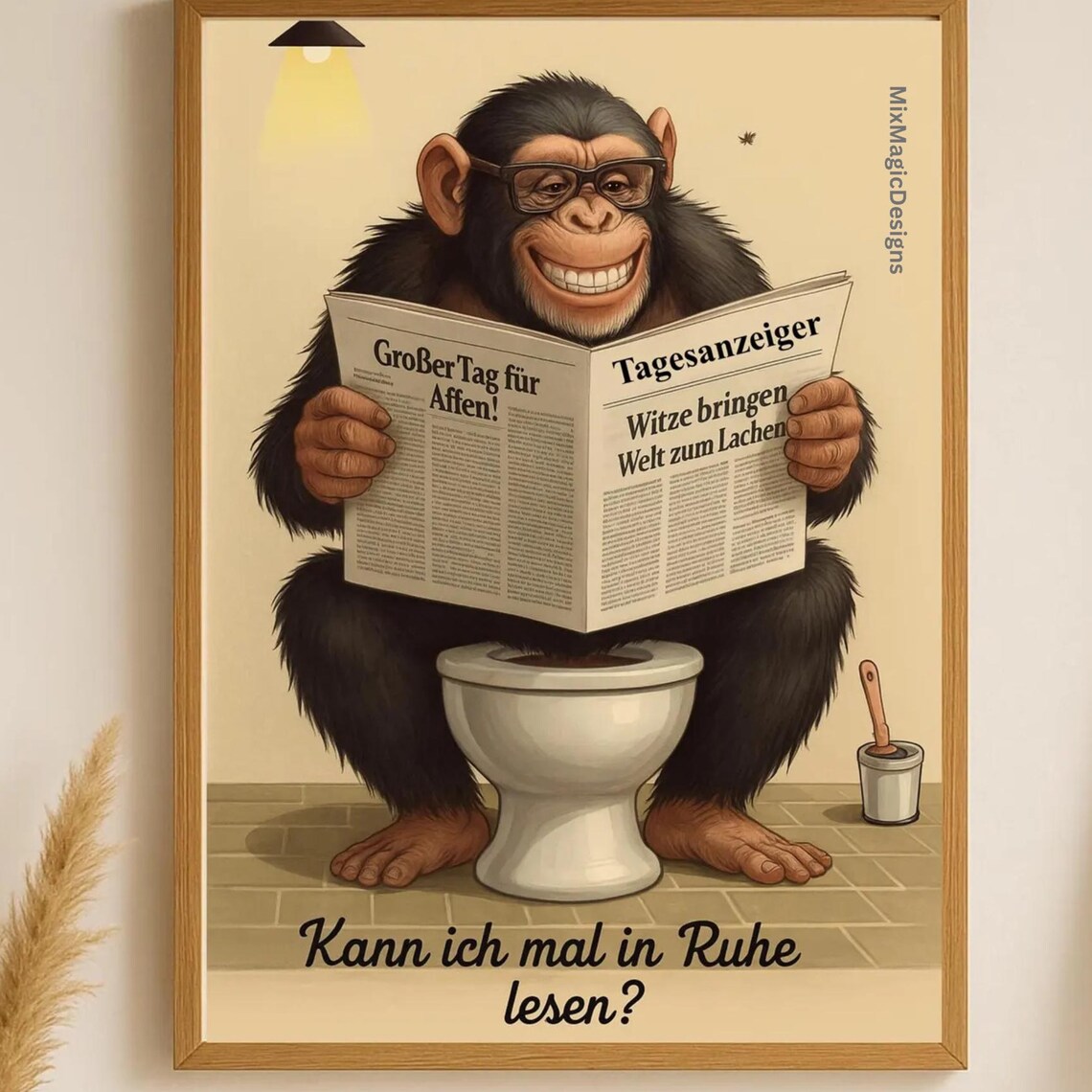 Funny Chimpanzee on Toilet Poster Reading Newspaper Bathroom Art