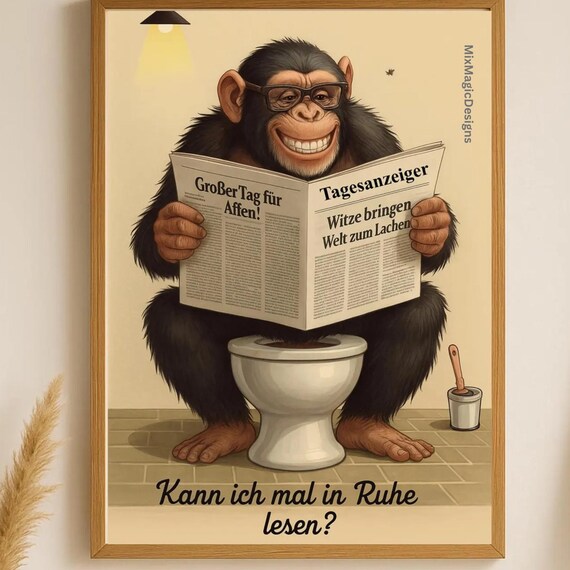 Funny Chimpanzee on Toilet Poster Reading Newspaper Bathroom Art