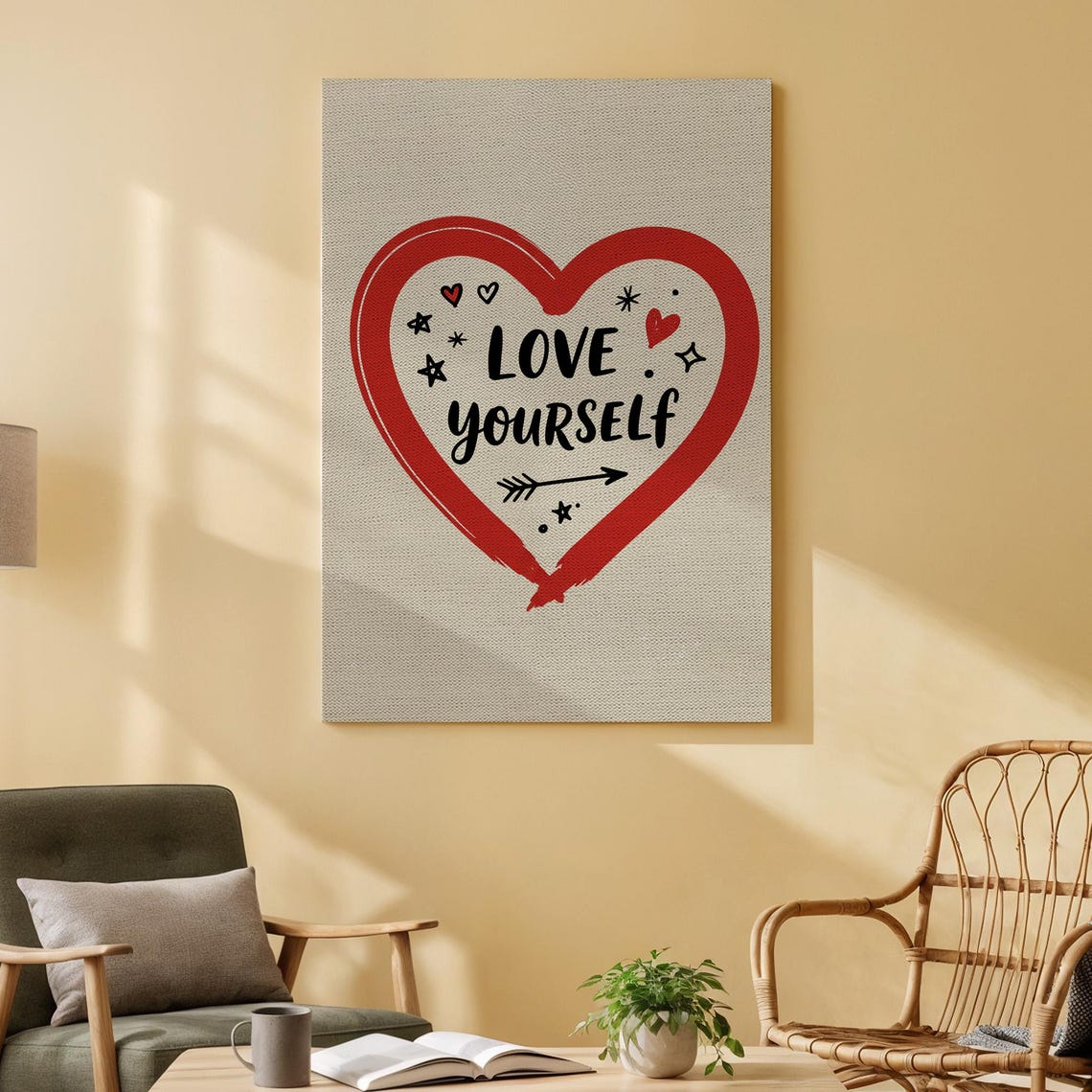 Love Yourself Red Heart Hand Lettered Motivational Canvas Poster