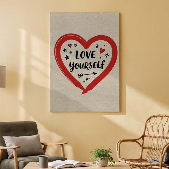 Love Yourself Red Heart Hand Lettered Motivational Canvas Poster