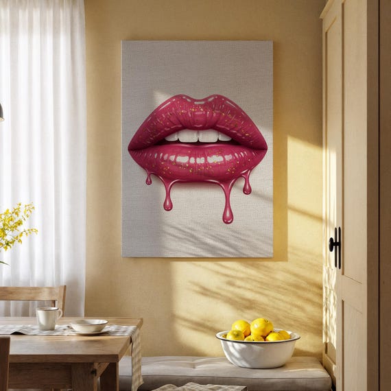 Pink Lips Canvas Wall Art Dripping Lip Gloss Pop Print Bold Contemporary Artwork For Bedroom Makeup Studio Or Modern Living Room