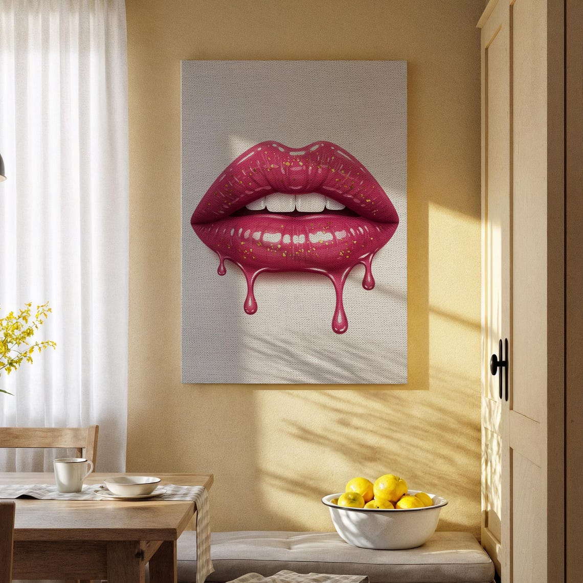 Glossy Pink Dripping Lips Pop Art Bold Feminine Canvas Poster