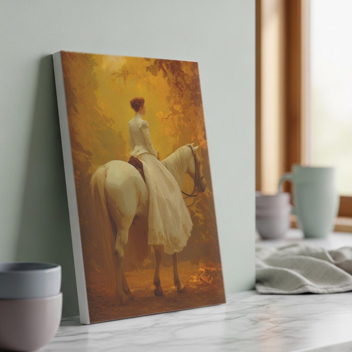 Elegant Lady Riding White Horse Through Golden Autumn Forest Poster