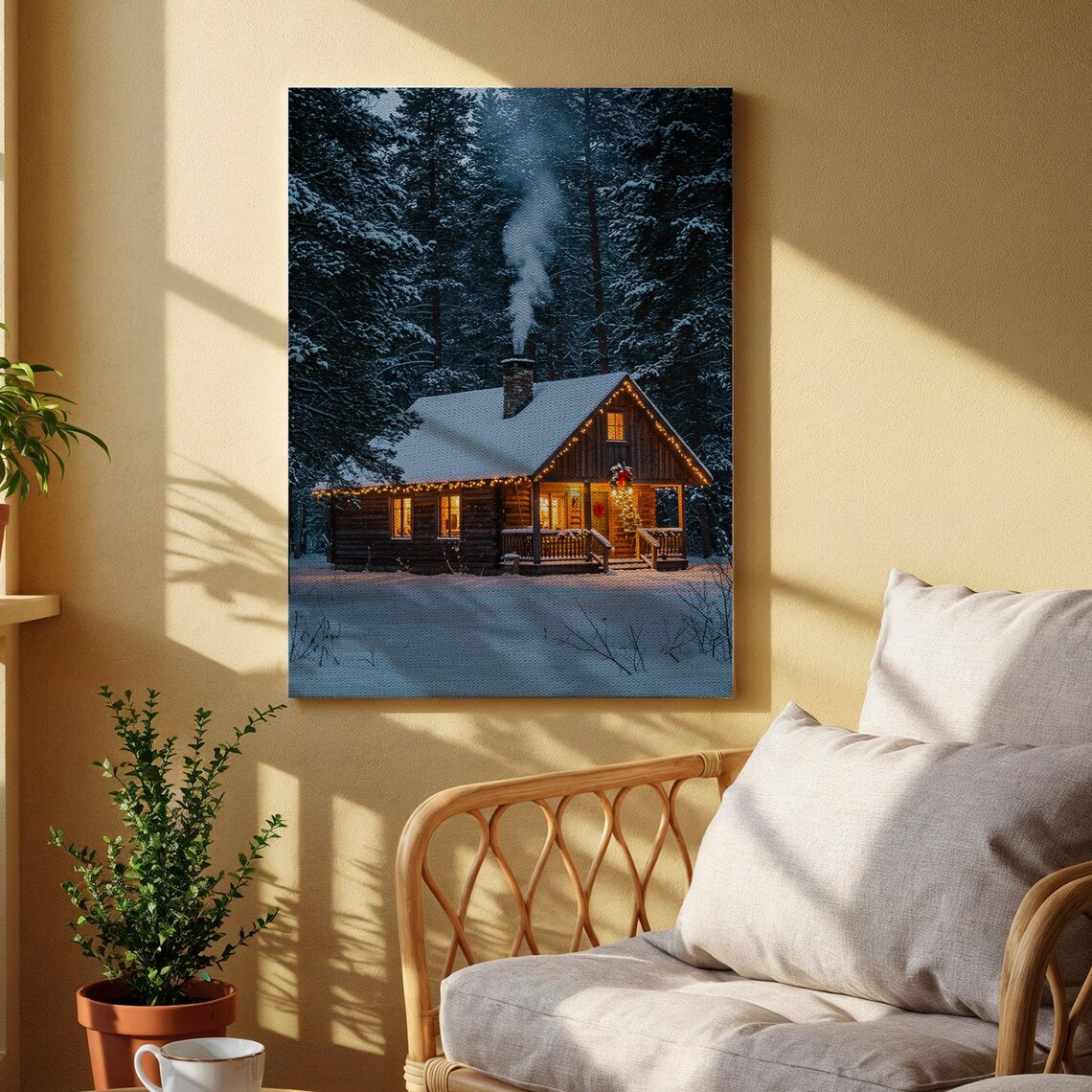 Cozy Winter Cabin Snowy Forest Warm Lights Christmas Scene Poster