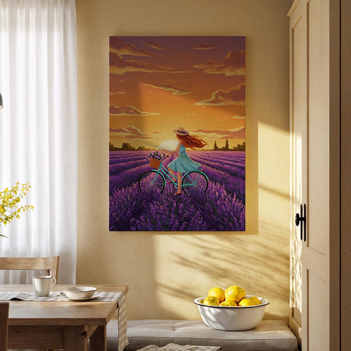 Woman on Bicycle in Lavender Field Sunset Warm Canvas Poster