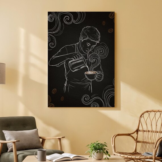 Barista Pouring Latte Art White Line Drawing Black Cafe Poster