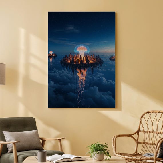 Floating City Canvas Wall Art Surreal Sci Fi Landscape Print Fantasy Sky Kingdom For Living Room Bedroom Office Or Creative Studio