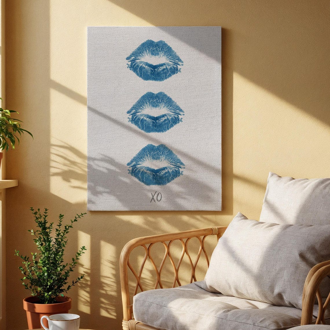 Blue Lipstick Kiss Mark XO Romantic Bedroom Statement Wall Art