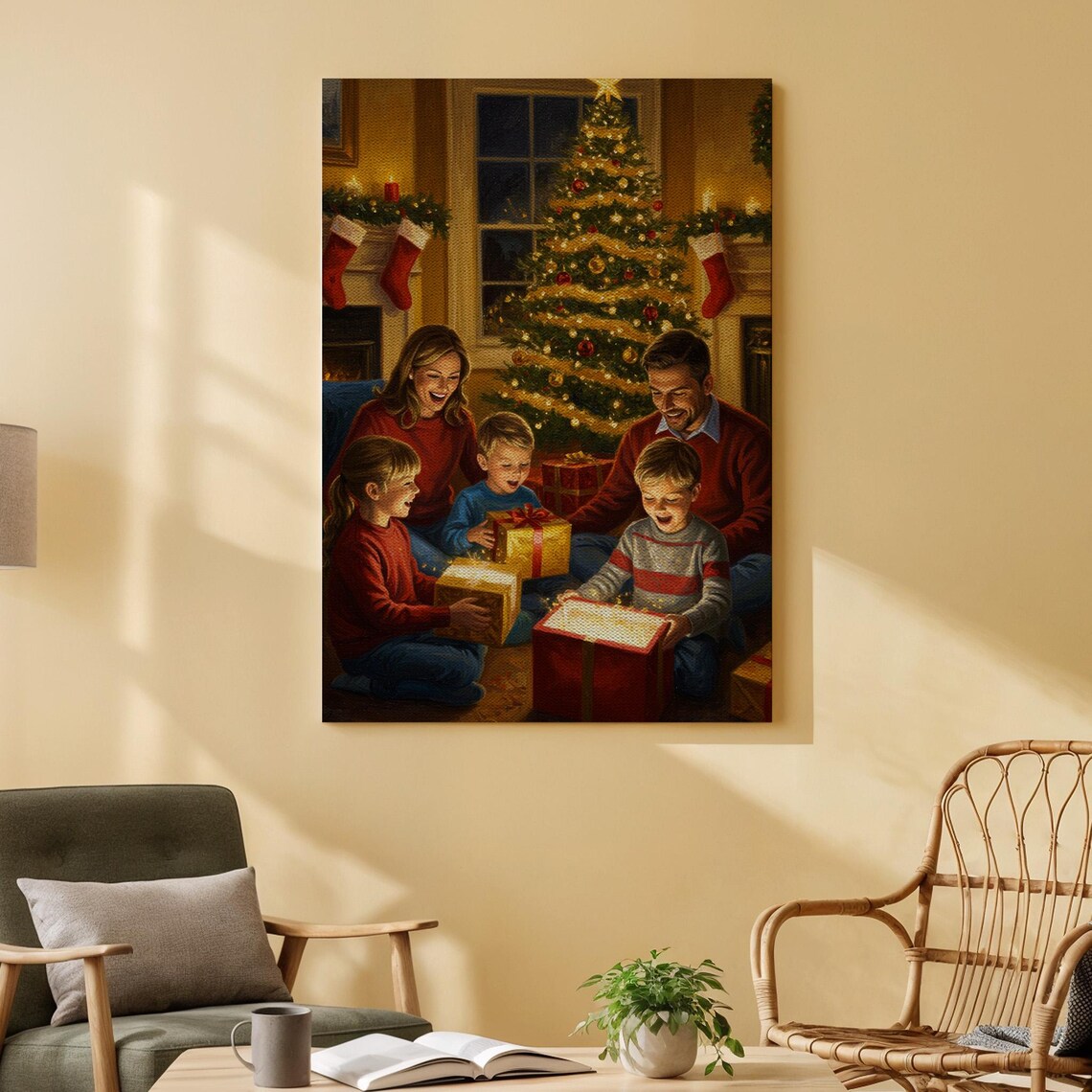 Family Opening Christmas Gifts By The Tree Cozy Holiday Canvas Print