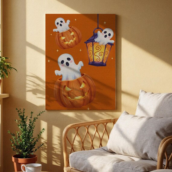 Cute Ghosts And Pumpkins Canvas Wall Art Adorable Halloween Print Whimsical Jackolantern Lantern Decor For Kids Room Or Playroom
