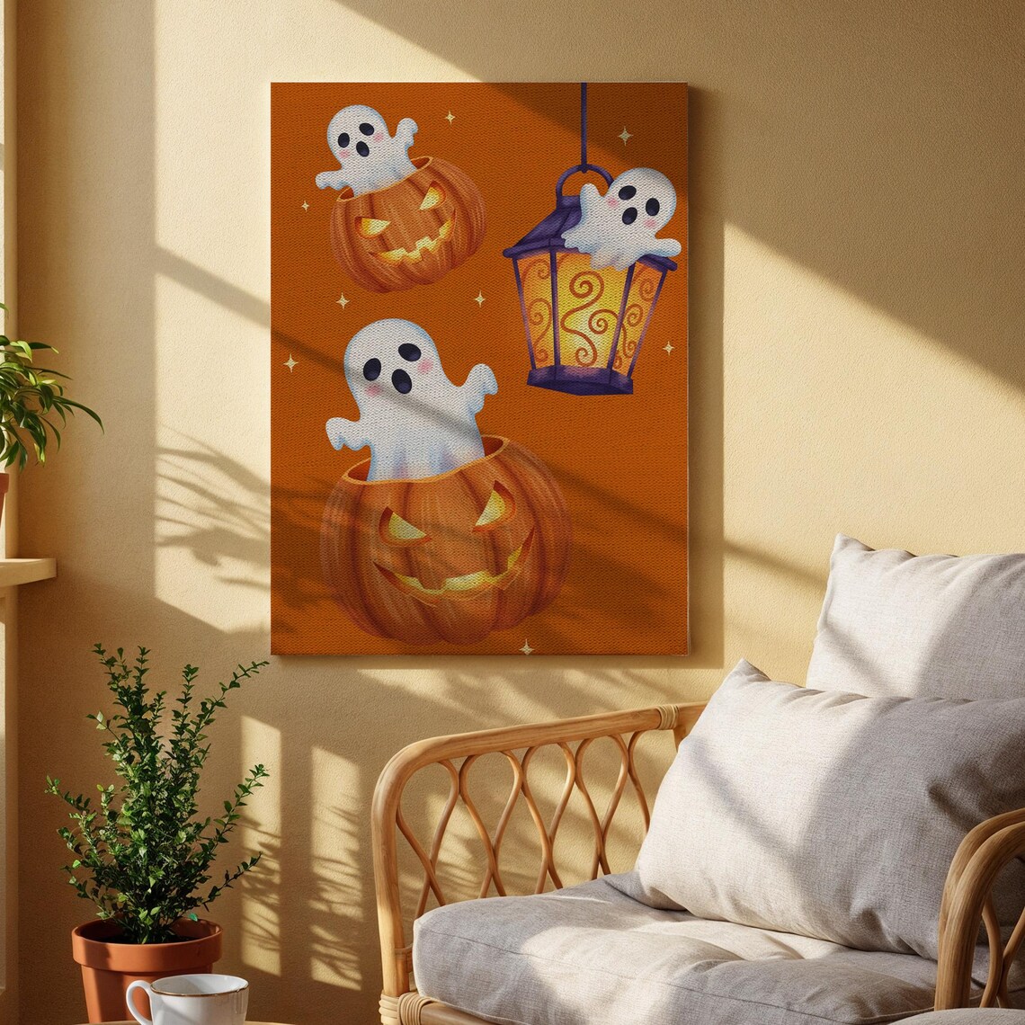Cute Ghosts Popping From Pumpkins Lantern Orange Background Kids Poster