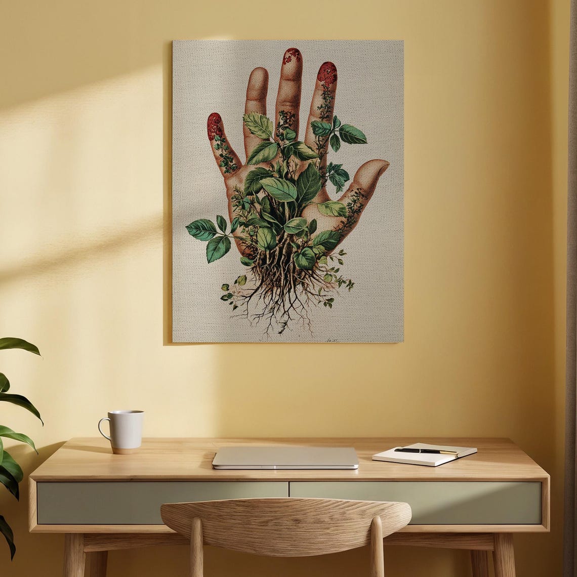 Botanical Hand with Growing Plants Roots Vintage Nature Art Print