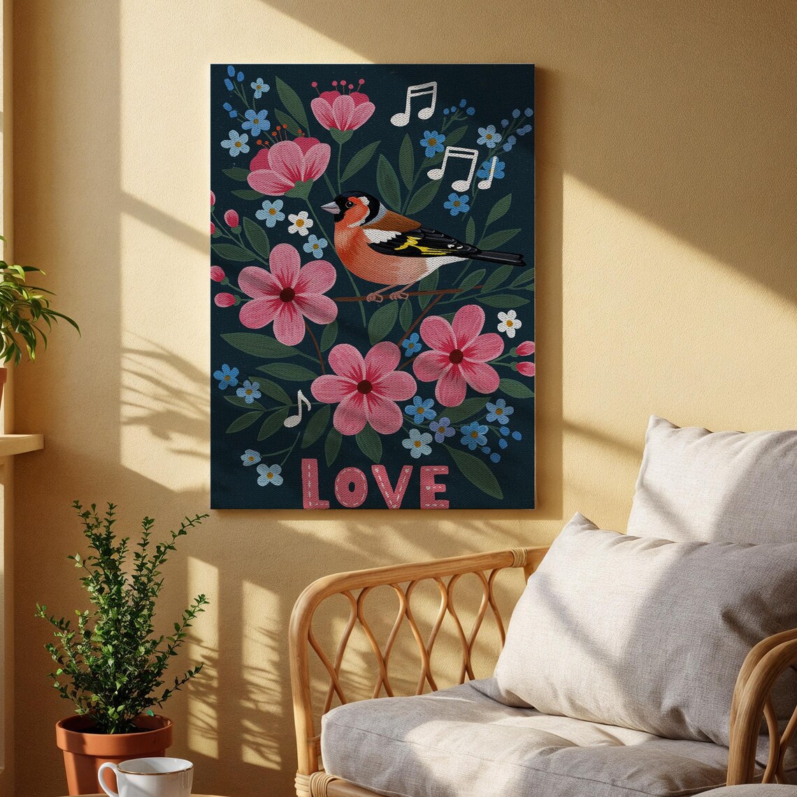 Goldfinch Love Songbird Floral Folk Art Music Notes Art Poster