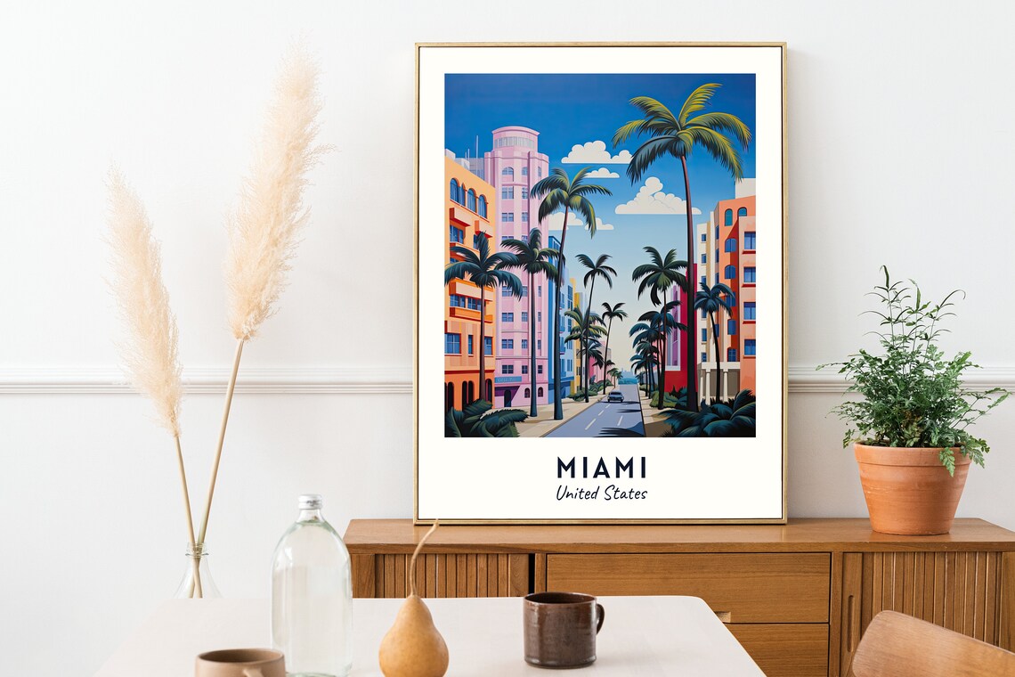 Miami United States Art Deco Street Lined with Palms Travel Poster - Image 2
