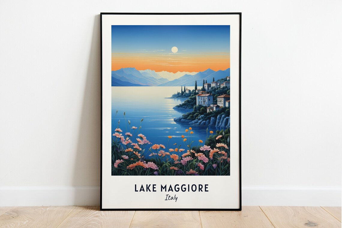 Lake Maggiore Italy Sunset Over the Lake Flowers Travel Poster