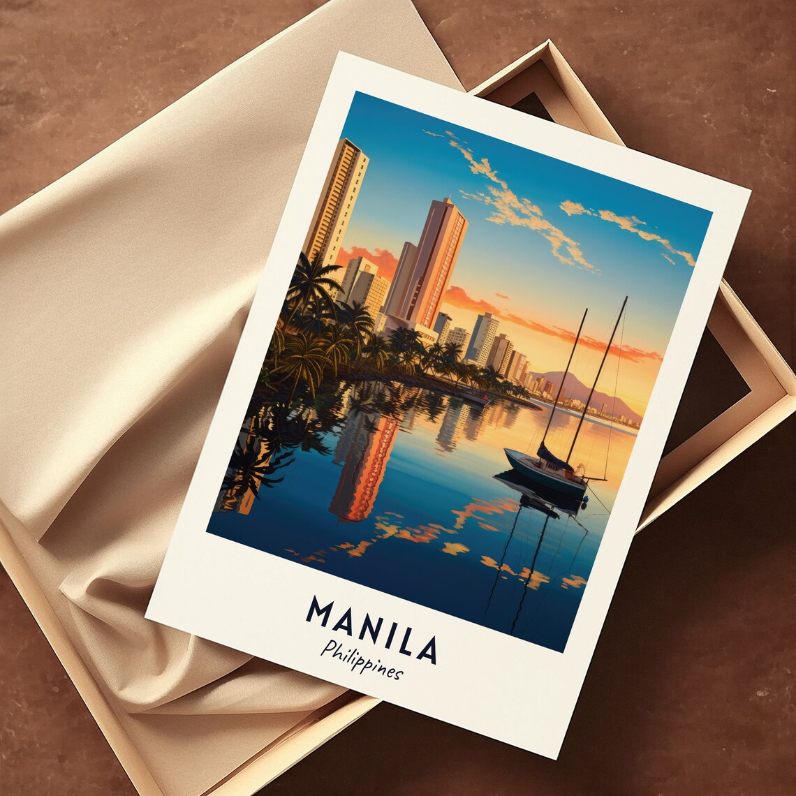 Manila Philippines Sunset Skyline Sailboat Bay Golden Hour Poster - Image 3