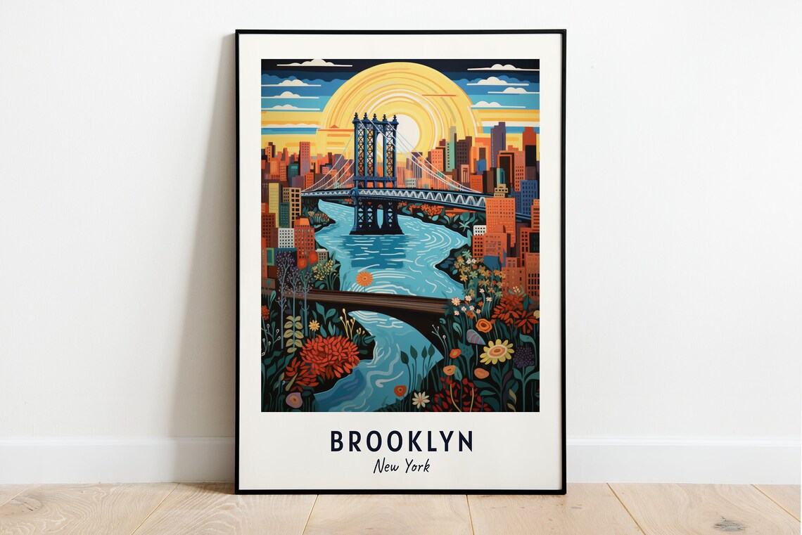 Brooklyn New York Bridge Sunset City Skyline Flowers Travel Poster